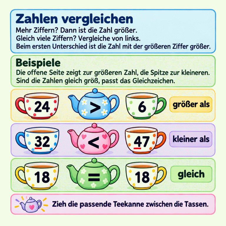 Zahlen vergleichen mit Tassen und Teekannen: Die Zahl mit mehr Ziffern ist größer. Bei gleich vielen Ziffern vergleicht man von links bis zum ersten Unterschied. Drei Beispiele zeigen: 24 ist größer als 6, 32 ist kleiner als 47 und 18 ist gleich 18. Die offene Seite des Vergleichszeichens zeigt zur größeren Zahl, die Spitze zur kleineren. Zwischen gleichen Zahlen steht das Gleichzeichen. Zahlen vergleichen: Mehr Ziffern? Dann ist die Zahl größer. Gleich viele Ziffern? Vergleiche von links. Beim ersten Unterschied ist die Zahl mit der größeren Ziffer größer. Beispiele: Die offene Seite zeigt zur größeren Zahl, die Spitze zur kleineren. Sind die Zahlen gleich groß, passt das Gleichzeichen. Zieh die passende Teekanne zwischen die Tassen. 24 > 6 größer als 32 < 47 kleiner als 18 = gleich