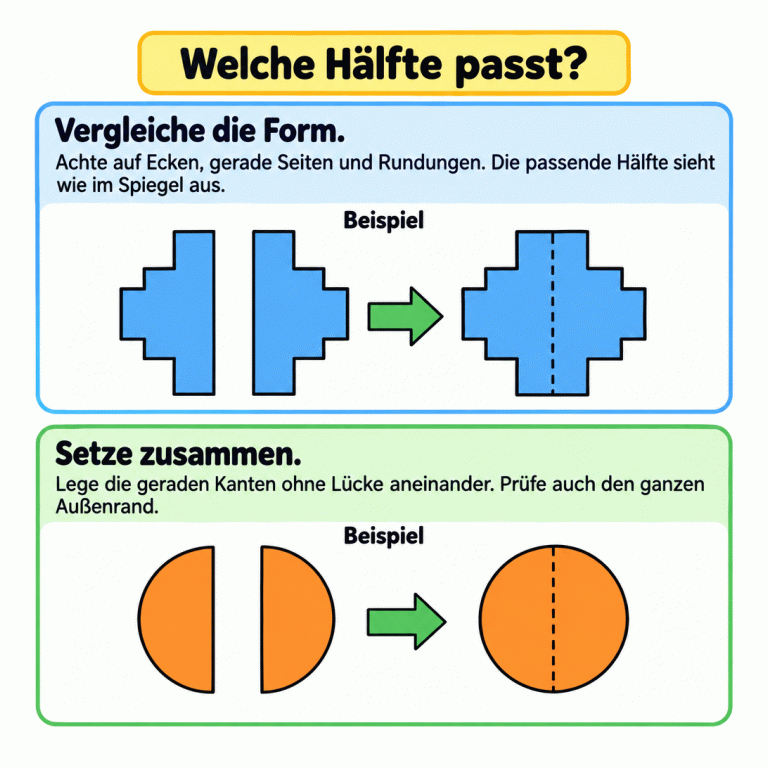 Zwei Beispiele zeigen, wie passende Hälften eine ganze Figur ergeben: Zwei spiegelbildliche Kreuzhälften werden zu einem Kreuz, zwei Halbkreise zu einem Kreis. Vergleiche Ecken, gerade Seiten und Rundungen. Lege die geraden Kanten ohne Lücke aneinander und prüfe den ganzen Außenrand. Welche Hälfte passt? Vergleiche die Form.: Achte auf Ecken, gerade Seiten und Rundungen. Die passende Hälfte sieht wie im Spiegel aus. Setze zusammen.: Lege die geraden Kanten ohne Lücke aneinander. Prüfe auch den ganzen Außenrand. Beispiel