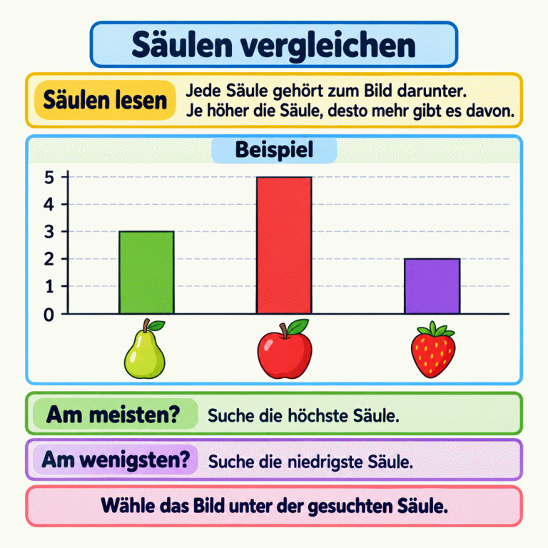 Eine Lernkarte erklärt: Jede Säule gehört zum Bild darunter. Je höher die Säule, desto mehr gibt es davon. Ein Beispieldiagramm zeigt Birnen mit einer Säulenhöhe von 3, Äpfel mit 5 und Erdbeeren mit 2. Alle Säulen beginnen bei 0. Für „am meisten“ sucht man die höchste Säule, für „am wenigsten“ die niedrigste. Gewählt wird das Bild unter der gesuchten Säule. Säulen vergleichen Säulen lesen: Jede Säule gehört zum Bild darunter. Je höher die Säule, desto mehr gibt es davon. Am meisten?: Suche die höchste Säule. Am wenigsten?: Suche die niedrigste Säule. Wähle das Bild unter der gesuchten Säule. Beispiel 1 2 3 4 5