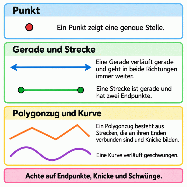 Fünf geometrische Grundfiguren mit Erklärungen: Ein Punkt zeigt eine genaue Stelle. Eine Gerade verläuft gerade; Pfeile an beiden Seiten zeigen, dass sie immer weitergeht. Eine Strecke ist gerade und endet an zwei markierten Punkten. Ein Polygonzug besteht aus verbundenen Strecken mit Knicken. Eine Kurve verläuft geschwungen. Merksatz: Achte auf Endpunkte, Knicke und Schwünge. Punkt: Ein Punkt zeigt eine genaue Stelle. Gerade und Strecke: Eine Gerade verläuft gerade und geht in beide Richtungen immer weiter.
Eine Strecke ist gerade und hat zwei Endpunkte. Polygonzug und Kurve: Ein Polygonzug besteht aus Strecken, die an ihren Enden verbunden sind und Knicke bilden.
Eine Kurve verläuft geschwungen. Achte auf Endpunkte, Knicke und Schwünge.