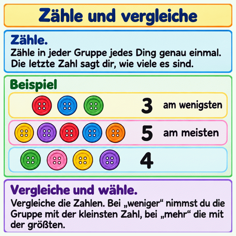 Zähle in jeder Gruppe jedes Ding genau einmal. Die letzte Zahl nennt die Anzahl. Das Beispiel zeigt Gruppen mit drei, fünf und vier Knöpfen sowie die Zahlen 3, 5 und 4. Drei Knöpfe sind am wenigsten, fünf am meisten. Vergleiche alle Zahlen: Bei „weniger“ wählst du die Gruppe mit der kleinsten Zahl, bei „mehr“ die mit der größten. Zähle und vergleiche Zähle.: Zähle in jeder Gruppe jedes Ding genau einmal. Die letzte Zahl sagt dir, wie viele es sind. Vergleiche und wähle.: Vergleiche die Zahlen. Bei „weniger“ nimmst du die Gruppe mit der kleinsten Zahl, bei „mehr“ die mit der größten. Beispiel 3 5 4 am wenigsten am meisten