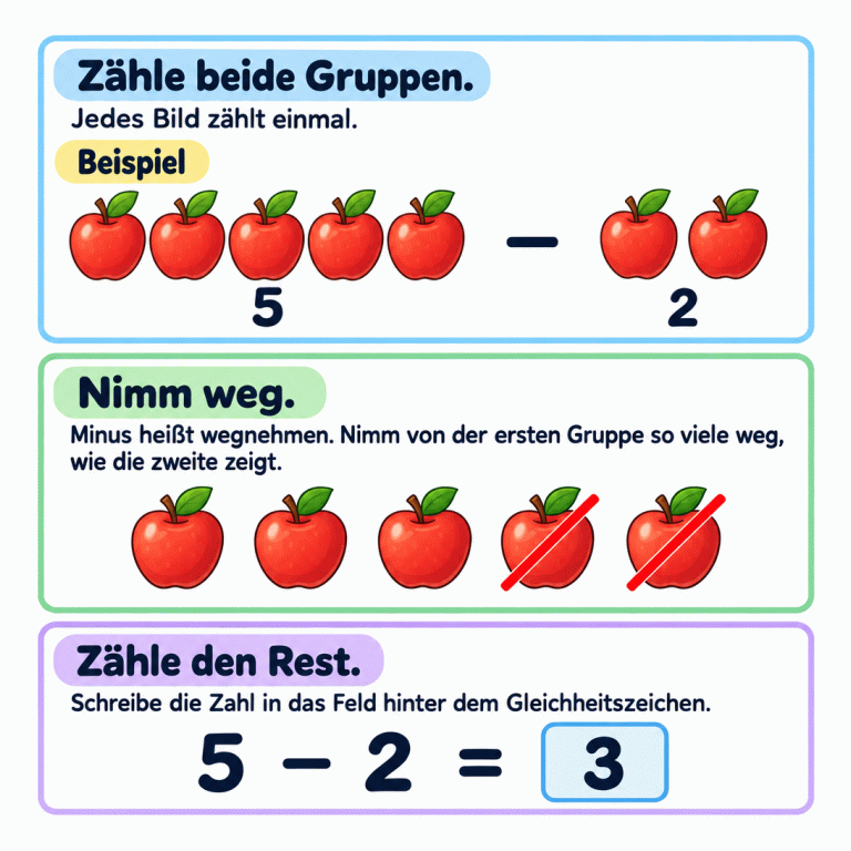Ein Beispiel erklärt das Minusrechnen mit Bildern. Zuerst werden eine Gruppe mit fünf Äpfeln und eine Gruppe mit zwei Äpfeln gezählt. Dann sind von den ursprünglichen fünf Äpfeln zwei durchgestrichen. Drei bleiben übrig. Die Zahlenrechnung lautet: fünf minus zwei gleich drei. Die drei steht im Ergebnisfeld hinter dem Gleichheitszeichen. Zähle beide Gruppen.: Jedes Bild zählt einmal. Nimm weg.: Minus heißt wegnehmen. Nimm von der ersten Gruppe so viele weg, wie die zweite zeigt. Zähle den Rest.: Schreibe die Zahl in das Feld hinter dem Gleichheitszeichen. Beispiel 5 2 − = 3
