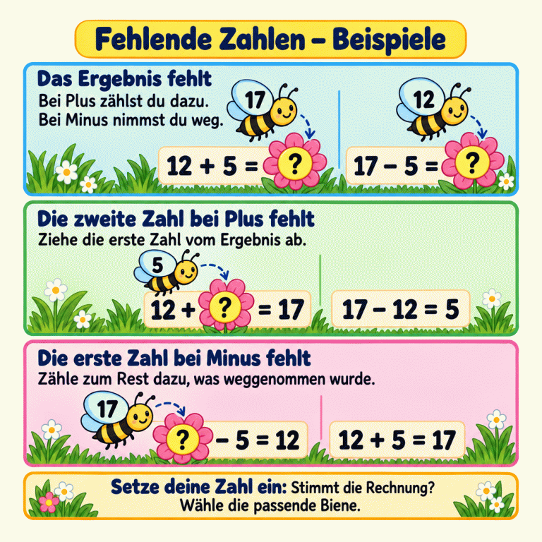 Drei Lernabschnitte zeigen Beispiele mit Zahlenbienen und Fragezeichenblüten. Fehlt das Ergebnis, rechnest du direkt: 12 plus 5 ergibt 17, und 17 minus 5 ergibt 12. Fehlt bei 12 plus Fragezeichen gleich 17 die zweite Zahl, rechnest du 17 minus 12 gleich 5. Fehlt bei Fragezeichen minus 5 gleich 12 die erste Zahl, rechnest du 12 plus 5 gleich 17. Die jeweilige Biene trägt die Zahl für das Fragezeichen. Setze die gefundene Zahl ein, prüfe die Rechnung und wähle die passende Biene. Fehlende Zahlen – Beispiele Das Ergebnis fehlt: Bei Plus zählst du dazu. Bei Minus nimmst du weg. Die zweite Zahl bei Plus fehlt: Ziehe die erste Zahl vom Ergebnis ab. Die erste Zahl bei Minus fehlt: Zähle zum Rest dazu, was weggenommen wurde. Setze deine Zahl ein: Stimmt die Rechnung? Wähle die passende Biene. 12 + 5 = ? 17 − 5 = ? 12 + ? = 17 17 − 12 = 5 ? − 5 = 12 12 + 5 = 17 17 12 5