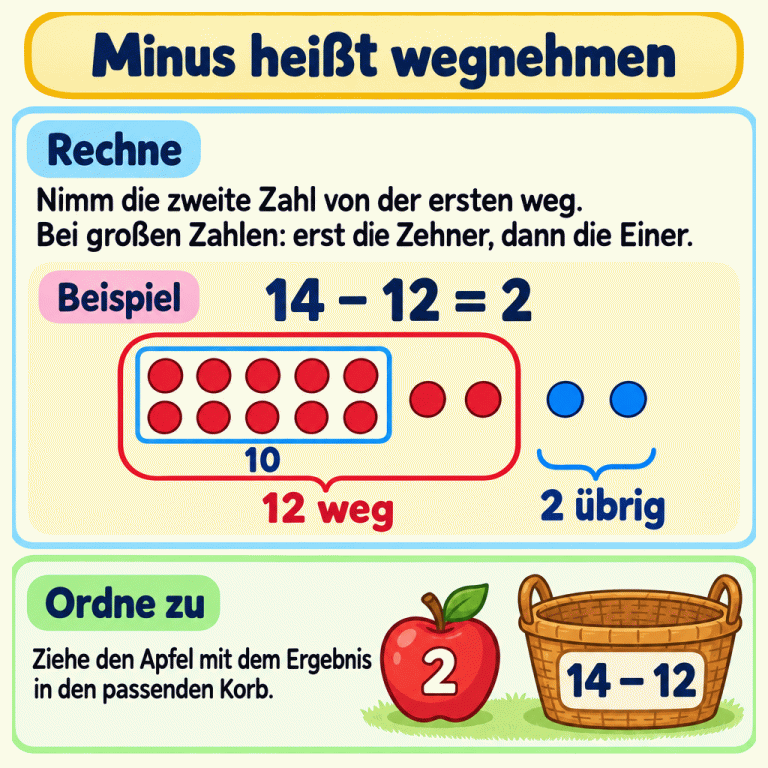 Minus heißt wegnehmen. Das Beispiel zeigt 14 minus 12 gleich 2. Von einer Zehnergruppe und vier einzelnen Punkten werden der ganze Zehner und zwei Einer weggenommen. Zwei Punkte bleiben übrig. Deshalb gehört der Apfel mit der Zahl 2 in den Korb mit der Aufgabe 14 minus 12. Minus heißt wegnehmen Rechne: Nimm die zweite Zahl von der ersten weg. Bei großen Zahlen: erst die Zehner, dann die Einer. Ordne zu: Ziehe den Apfel mit dem Ergebnis in den passenden Korb. Beispiel 14 − 12 = 2 10 12 weg 2 übrig 2 14 − 12