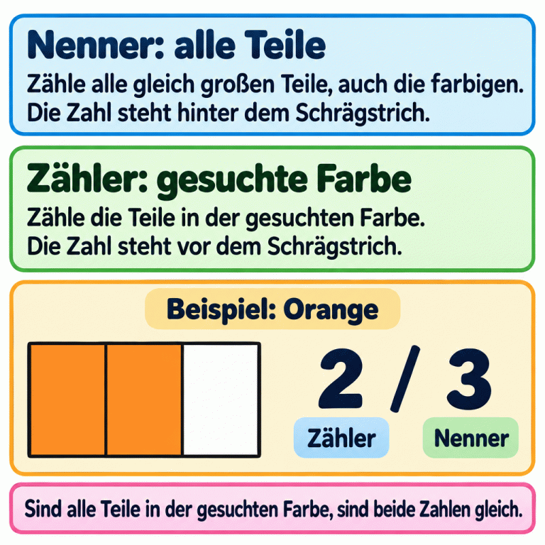 Der Nenner zählt alle gleich großen Teile einer Figur, auch die farbigen. Der Zähler zählt die Teile in der gesuchten Farbe. Im Beispiel sind zwei von drei gleich großen Rechteckteilen orange. Daneben steht 2/3: Die 2 ist der Zähler, die 3 der Nenner. Sind alle Teile in der gesuchten Farbe, sind beide Zahlen gleich. Nenner: alle Teile: Zähle alle gleich großen Teile, auch die farbigen. Die Zahl steht hinter dem Schrägstrich. Zähler: gesuchte Farbe: Zähle die Teile in der gesuchten Farbe. Die Zahl steht vor dem Schrägstrich. Sind alle Teile in der gesuchten Farbe, sind beide Zahlen gleich. Beispiel: Orange 2 / 3 Zähler Nenner