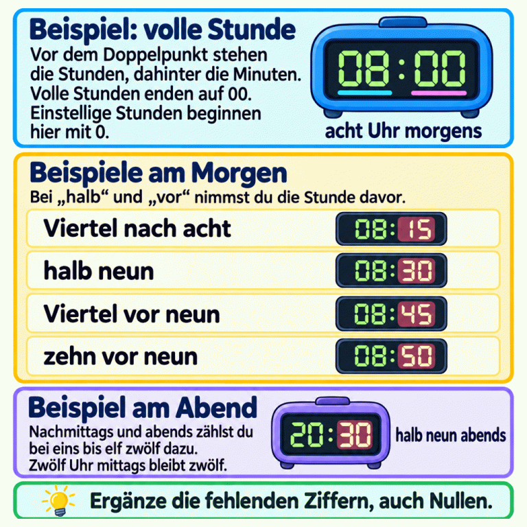 Eine Lernkarte erklärt digitale Uhrzeiten. Vor dem Doppelpunkt stehen die Stunden, dahinter die Minuten. Acht Uhr morgens wird als 08:00 angezeigt. Die Morgenbeispiele zeigen: Viertel nach acht ist 08:15, halb neun ist 08:30, Viertel vor neun ist 08:45 und zehn vor neun ist 08:50. Bei „halb“ und „vor“ gilt die Stunde davor. Halb neun abends wird als 20:30 angezeigt. Nachmittags und abends zählt man bei Stundenangaben von eins bis elf zwölf dazu; zwölf Uhr mittags bleibt zwölf. Fehlende Ziffern werden ergänzt, auch Nullen. Beispiel: volle Stunde: Vor dem Doppelpunkt stehen die Stunden, dahinter die Minuten. Volle Stunden enden auf 00. Einstellige Stunden beginnen hier mit 0. Beispiele am Morgen: Bei „halb“ und „vor“ nimmst du die Stunde davor. Beispiel am Abend: Nachmittags und abends zählst du bei eins bis elf zwölf dazu. Zwölf Uhr mittags bleibt zwölf. Ergänze die fehlenden Ziffern, auch Nullen. acht Uhr morgens 08:00 Viertel nach acht 08:15 halb neun 08:30 Viertel vor neun 08:45 zehn vor neun 08:50 halb neun abends 20:30