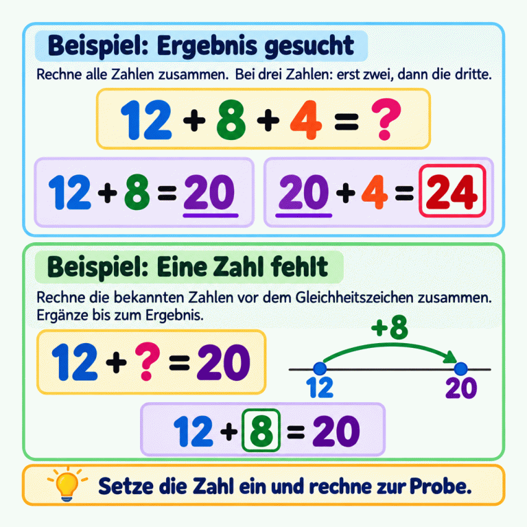 Zwei Rechenbeispiele erklären fehlende Zahlen. Oben fehlt das Ergebnis von 12 plus 8 plus 4. Zuerst ergibt 12 plus 8 gleich 20, dann 20 plus 4 gleich 24. Unten fehlt eine Zahl in 12 plus Fragezeichen gleich 20. Ein Sprung von 12 bis 20 zeigt: Es fehlen 8. Die fertige Rechnung lautet 12 plus 8 gleich 20. Zum Schluss wird die eingesetzte Zahl durch Nachrechnen geprüft. Beispiel: Ergebnis gesucht: Rechne alle Zahlen zusammen. Bei drei Zahlen: erst zwei, dann die dritte. Beispiel: Eine Zahl fehlt: Rechne die bekannten Zahlen vor dem Gleichheitszeichen zusammen. Ergänze bis zum Ergebnis. Setze die Zahl ein und rechne zur Probe. 12 + 8 + 4 = ? 12 + 8 = 20 20 + 4 = 24 12 + ? = 20 12 20 +8