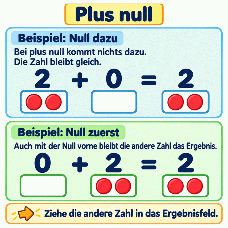 Plus null: Zwei Lehrbeispiele zeigen 2 plus 0 gleich 2 und 0 plus 2 gleich 2. Unter jeder Zwei liegen zwei Plättchen. Unter jeder Null ist ein leeres Mengenfeld. Die Null trägt keine Plättchen bei. Deshalb ist in beiden Reihenfolgen die andere Zahl das Ergebnis. Plus null Beispiel: Null dazu: Bei plus null kommt nichts dazu. Die Zahl bleibt gleich. Beispiel: Null zuerst: Auch mit der Null vorne bleibt die andere Zahl das Ergebnis. Ziehe die andere Zahl in das Ergebnisfeld. 2 + =