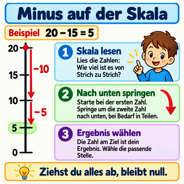 Beispiel: 20 minus 15 ergibt 5. Eine senkrechte Skala zeigt von unten nach oben 0, 5, 10, 15 und 20. Zwei Sprünge führen nach unten: zuerst von 20 zu 10, dann von 10 zu 5. Die Hinweise erklären, die Zahlenabstände zu lesen, bei der ersten Zahl zu starten und die Ergebnisstelle auszuwählen. Ziehst du alles ab, bleibt null. Minus auf der Skala Skala lesen: Lies die Zahlen: Wie viel ist es von Strich zu Strich? Nach unten springen: Starte bei der ersten Zahl. Springe um die zweite Zahl nach unten, bei Bedarf in Teilen. Ergebnis wählen: Die Zahl am Ziel ist dein Ergebnis. Wähle die passende Stelle. Ziehst du alles ab, bleibt null. Beispiel 20 − 15 = 5 5 10 15 20 −10 −5 1 2 3