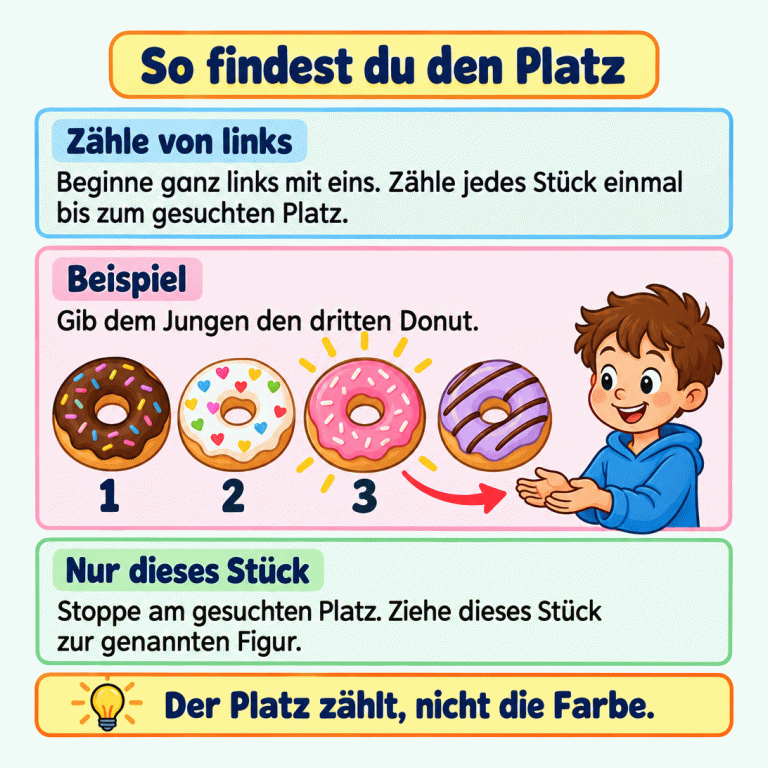 Die Karte erklärt: Beginne ganz links mit eins und zähle jedes Stück einmal bis zum gesuchten Platz. Das Beispiel zeigt vier Donuts nebeneinander. Unter den ersten drei stehen die Zahlen 1, 2 und 3. Der dritte Donut ist hervorgehoben; ein Pfeil führt von ihm zum Jungen. Nur das Stück am genannten Platz wird weitergegeben. Seine Farbe ist dafür nicht wichtig. So findest du den Platz Zähle von links: Beginne ganz links mit eins. Zähle jedes Stück einmal bis zum gesuchten Platz. Beispiel: Gib dem Jungen den dritten Donut. Nur dieses Stück: Stoppe am gesuchten Platz. Ziehe dieses Stück zur genannten Figur. Der Platz zählt, nicht die Farbe. 1 2 3