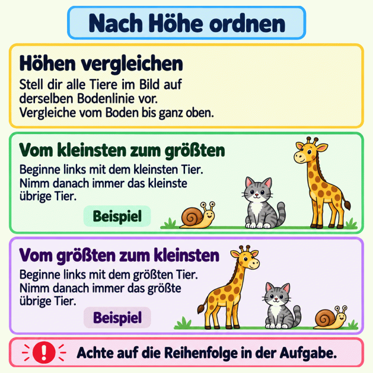 Die Lernkarte erklärt das Ordnen nach Höhe. Zum Vergleichen denkt man sich alle Tiere auf derselben Bodenlinie. Zwei gekennzeichnete Beispiele zeigen Schnecke, Katze und Giraffe: zuerst von links nach rechts zunehmend hoch, darunter in umgekehrter Reihenfolge abnehmend hoch. Man beginnt mit dem kleinsten oder größten Tier und wählt unter den übrigen jeweils wieder das kleinste oder größte. Entscheidend ist die Reihenfolge, die in der Aufgabe verlangt wird. Nach Höhe ordnen Höhen vergleichen: Stell dir alle Tiere im Bild auf derselben Bodenlinie vor. Vergleiche vom Boden bis ganz oben. Vom kleinsten zum größten: Beginne links mit dem kleinsten Tier. Nimm danach immer das kleinste übrige Tier. Vom größten zum kleinsten: Beginne links mit dem größten Tier. Nimm danach immer das größte übrige Tier. Achte auf die Reihenfolge in der Aufgabe. Beispiel !