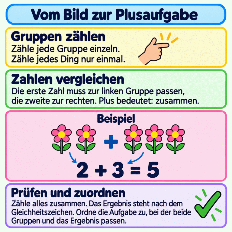 Vom Bild zur Plusaufgabe: Zähle jede Gruppe einzeln und vergleiche ihre Anzahl mit der passenden Zahl in der Aufgabe. Das Beispiel zeigt zwei Blumen links und drei Blumen rechts mit einem Pluszeichen dazwischen. Darunter steht: 2 + 3 = 5. Zähle zum Prüfen alle Blumen zusammen. Ordne nur die Aufgabe zu, bei der beide Gruppen und das Ergebnis passen. Vom Bild zur Plusaufgabe Gruppen zählen: Zähle jede Gruppe einzeln. Zähle jedes Ding nur einmal. Zahlen vergleichen: Die erste Zahl muss zur linken Gruppe passen, die zweite zur rechten. Plus bedeutet: zusammen. Prüfen und zuordnen: Zähle alles zusammen. Das Ergebnis steht nach dem Gleichheitszeichen. Ordne die Aufgabe zu, bei der beide Gruppen und das Ergebnis passen. Beispiel 2 3 5 + = ✓