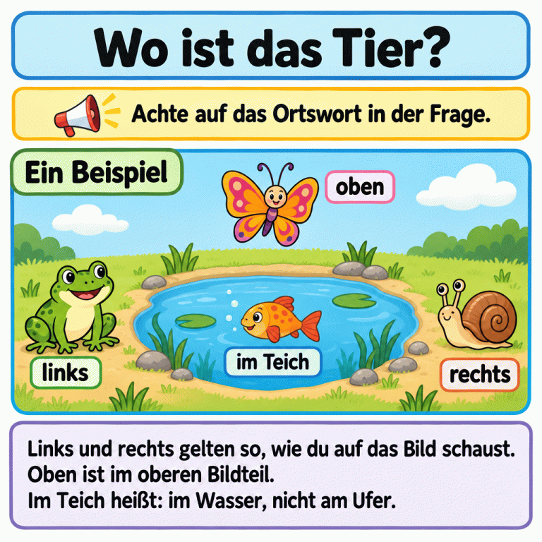 Eine beschriftete Beispielszene zeigt einen Frosch links neben einem Teich, eine Schnecke rechts daneben, einen Schmetterling oben und einen Fisch im Wasser. Links und rechts gelten aus Sicht des betrachtenden Kindes. Im Teich bedeutet im Wasser, nicht am Ufer. Entscheidend ist das Ortswort in der Frage. Wo ist das Tier? Ein Beispiel: Links und rechts gelten so, wie du auf das Bild schaust.
Oben ist im oberen Bildteil.
Im Teich heißt: im Wasser, nicht am Ufer. Achte auf das Ortswort in der Frage. links rechts oben im Teich