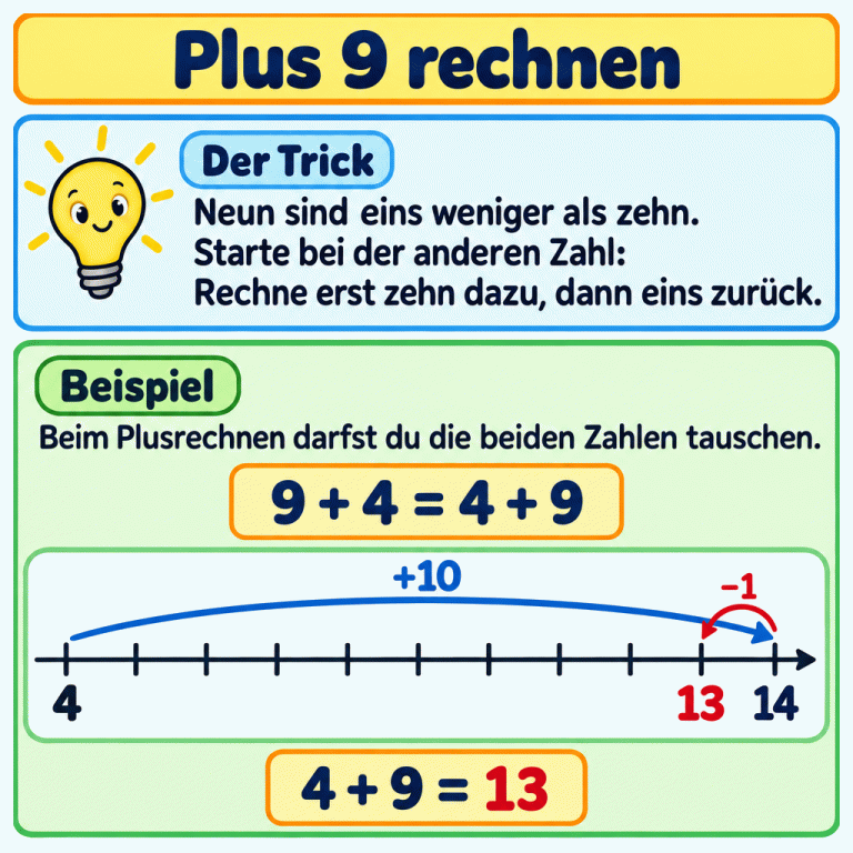 Plus 9 rechnen: Neun sind eins weniger als zehn. Starte bei der anderen Zahl, rechne zehn dazu und gehe eins zurück. Das Beispiel zeigt: 9 + 4 = 4 + 9. Ein Zahlenstrahl mit elf Strichen führt von 4 bis 14. Ein Sprung mit +10 führt von 4 zu 14, ein Rücksprung mit −1 zu 13. Die 13 ist hervorgehoben. Darunter steht: 4 + 9 = 13. Plus 9 rechnen Der Trick: Neun sind eins weniger als zehn. Starte bei der anderen Zahl: Rechne erst zehn dazu, dann eins zurück. Beispiel: Beim Plusrechnen darfst du die beiden Zahlen tauschen. 9 + 4 = 4 + 9 4 13 14 +10 −1 4 + 9 = 13
