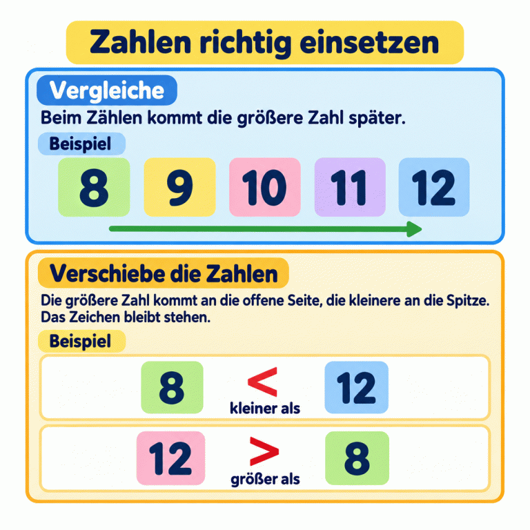 Beim Zählen kommt die größere Zahl später. Das Beispiel zeigt die Folge 8, 9, 10, 11, 12. Darunter stehen zwei richtige Vergleiche: 8 ist kleiner als 12 und 12 ist größer als 8. Die offene Seite des Zeichens zeigt jeweils zur größeren Zahl 12, die Spitze zur kleineren Zahl 8. Beim Verschieben der Zahlen bleibt das vorgegebene Zeichen stehen. Zahlen richtig einsetzen Vergleiche: Beim Zählen kommt die größere Zahl später. Verschiebe die Zahlen: Die größere Zahl kommt an die offene Seite, die kleinere an die Spitze. Das Zeichen bleibt stehen. Beispiel 8 9 10 11 12 < > kleiner als größer als