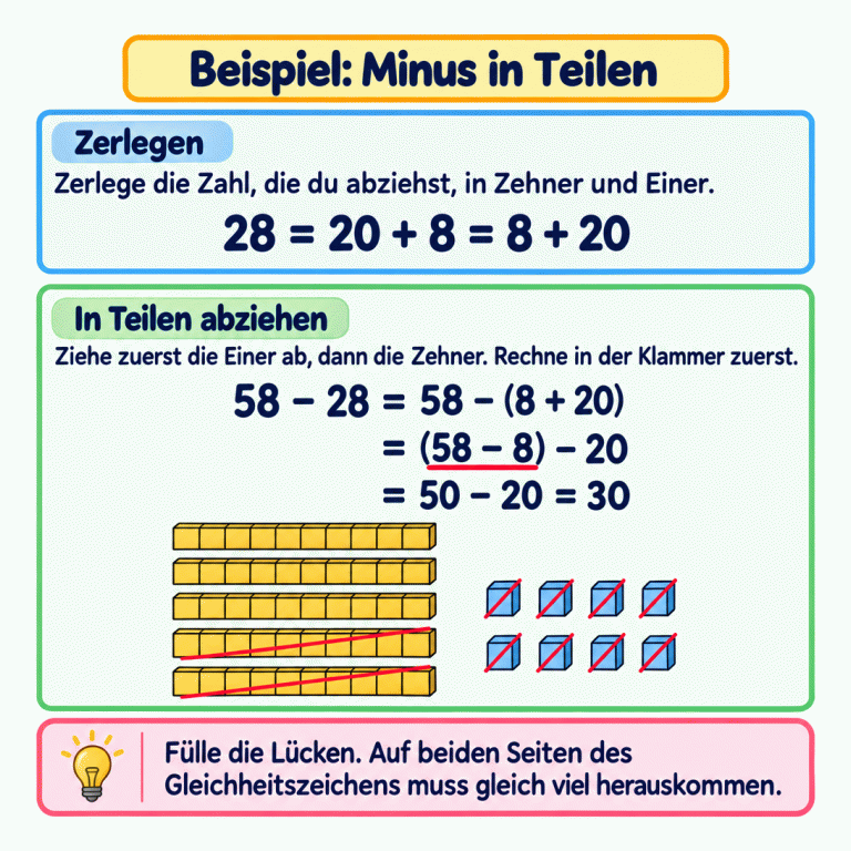 Beispiel für Minusrechnen in Teilen: 28 lässt sich als 20 plus 8 oder als 8 plus 20 schreiben. Die Rechenkette zeigt: 58 − 28 = 58 − (8 + 20) = (58 − 8) − 20 = 50 − 20 = 30. Der erste Rechenschritt 58 − 8 ist unterstrichen. Darunter stehen fünf Zehnerstangen mit jeweils zehn Zellen und acht einzelne Einerkästchen. Alle acht Einer und zwei Zehnerstangen sind durchgestrichen. Drei Zehnerstangen bleiben übrig: 30. Beispiel: Minus in Teilen Zerlegen: Zerlege die Zahl, die du abziehst, in Zehner und Einer. In Teilen abziehen: Ziehe zuerst die Einer ab, dann die Zehner. Rechne in der Klammer zuerst. Fülle die Lücken. Auf beiden Seiten des Gleichheitszeichens muss gleich viel herauskommen. 28 = 20 + 8 = 8 + 20 58 − 28 = 58 − (8 + 20) = (58 − 8) − 20 = 50 − 20 = 30