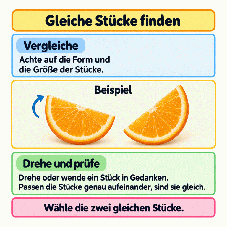 Zwei Orangenstücke sind gleich groß und gleich geformt, liegen aber unterschiedlich gedreht. Ein gebogener Pfeil erinnert ans Drehen in Gedanken. Vergleiche Form und Größe. Drehe oder wende ein Stück in Gedanken: Passen die Stücke genau aufeinander, sind sie gleich. Wähle die zwei gleichen Stücke. Gleiche Stücke finden Vergleiche: Achte auf die Form und die Größe der Stücke. Drehe und prüfe: Drehe oder wende ein Stück in Gedanken. Passen die Stücke genau aufeinander, sind sie gleich. Wähle die zwei gleichen Stücke. Beispiel