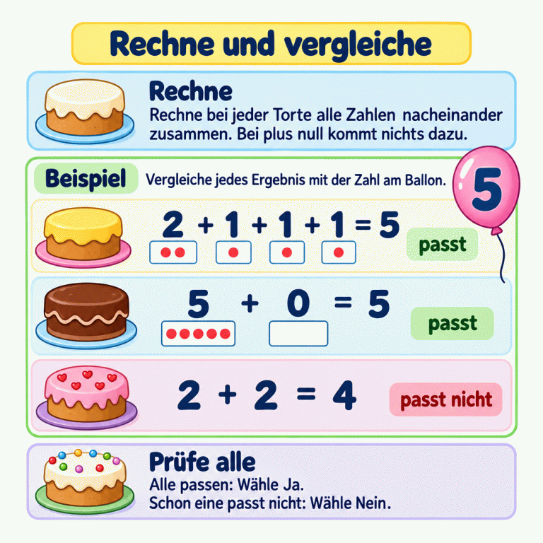 Ein Lehrbeispiel mit einem Ballon in Form der Zahl 5 und drei Tortenzeilen: 2 plus 1 plus 1 plus 1 ergibt 5 und passt. 5 plus 0 ergibt ebenfalls 5 und passt. Unter null ist das Zählfeld leer. 2 plus 2 ergibt 4 und passt nicht zum Ballon. Die Anleitung erklärt: Alle Summanden zusammenrechnen und jedes Ergebnis vergleichen. Nur wenn alle Torten passen, wählt man Ja; schon eine unpassende Torte bedeutet Nein. Rechne und vergleiche Rechne: Rechne bei jeder Torte alle Zahlen nacheinander zusammen. Bei plus null kommt nichts dazu. Beispiel: Vergleiche jedes Ergebnis mit der Zahl am Ballon. Prüfe alle: Alle passen: Wähle Ja.
Schon eine passt nicht: Wähle Nein. 5 2 + 1 + 1 + 1 = 5 5 + 0 = 5 2 + 2 = 4 passt passt nicht