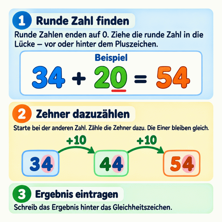 Runde Zahlen enden auf 0. Die passende Zahl wird in die Lücke vor oder hinter dem Pluszeichen gezogen. Das Lehrbeispiel zeigt 34 + 20 = 54. Von 34 geht es mit einem Zehner zu 44 und mit einem weiteren Zehner zu 54. Die Einerziffer 4 bleibt gleich. Das Ergebnis wird hinter dem Gleichheitszeichen eingetragen. Runde Zahl finden: Runde Zahlen enden auf 0. Ziehe die runde Zahl in die Lücke – vor oder hinter dem Pluszeichen. Zehner dazuzählen: Starte bei der anderen Zahl. Zähle die Zehner dazu. Die Einer bleiben gleich. Ergebnis eintragen: Schreib das Ergebnis hinter das Gleichheitszeichen. Beispiel 34 20 + = 54 44 +10 1 2 3