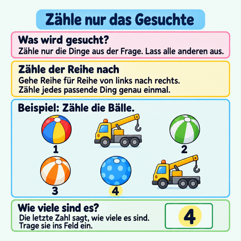 Zähle nur die gesuchten Dinge und lass alle anderen aus. Im Beispiel liegen vier Bälle und zwei Kranwagen in zwei Reihen. Nur die Bälle tragen Zählzahlen: 1, 2, 3 und 4. Die Kranwagen werden übersprungen. Die letzte Zählzahl ist 4. Deshalb steht im Schreibfeld ebenfalls 4. Zähle nur das Gesuchte Was wird gesucht?: Zähle nur die Dinge aus der Frage. Lass alle anderen aus. Zähle der Reihe nach: Gehe Reihe für Reihe von links nach rechts. Zähle jedes passende Ding genau einmal. Wie viele sind es?: Die letzte Zahl sagt, wie viele es sind. Trage sie ins Feld ein. Beispiel: Zähle die Bälle. 1 2 3 4