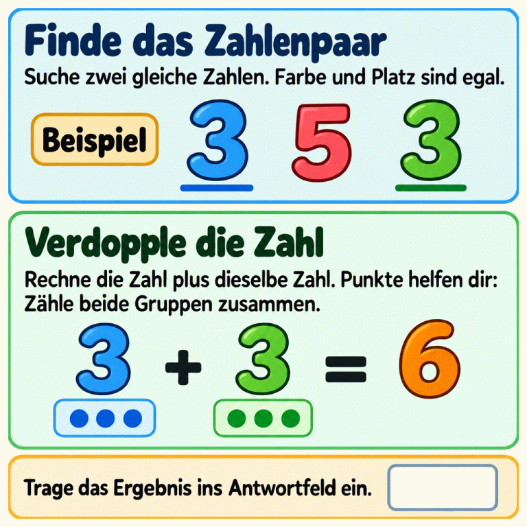 Zwei gleiche Zahlen finden und verdoppeln: Im Beispiel bilden zwei Dreien ein Paar; die Fünf gehört nicht dazu. Die Rechnung lautet 3 + 3 = 6. Zwei Gruppen mit je drei Punkten zeigen zusammen sechs Punkte. Das Ergebnis wird ins Antwortfeld eingetragen. Finde das Zahlenpaar: Suche zwei gleiche Zahlen. Farbe und Platz sind egal. Verdopple die Zahl: Rechne die Zahl plus dieselbe Zahl. Punkte helfen dir: Zähle beide Gruppen zusammen. Trage das Ergebnis ins Antwortfeld ein. Beispiel 3 5 + = 6