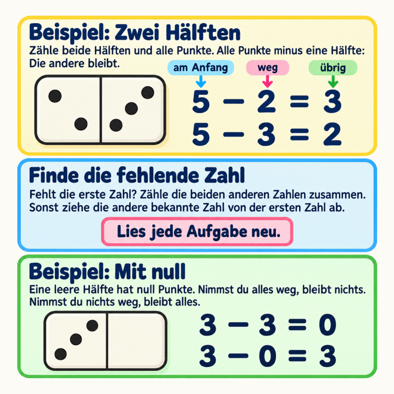 Zwei Dominobeispiele erklären Minusaufgaben. Ein Stein mit zwei und drei Punkten zeigt: 5 minus 2 ist 3 und 5 minus 3 ist 2. Die Zahlen bedeuten: am Anfang, weg und übrig. Fehlt die erste Zahl, zählt man die beiden anderen zusammen. Fehlt eine andere Zahl, zieht man die andere bekannte Zahl von der ersten ab. Ein Stein mit drei Punkten und einer leeren Hälfte zeigt: 3 minus 3 ist 0 und 3 minus 0 ist 3. Jede Aufgabe wird einzeln gelesen. Beispiel: Zwei Hälften: Zähle beide Hälften und alle Punkte. Alle Punkte minus eine Hälfte: Die andere bleibt. Finde die fehlende Zahl: Fehlt die erste Zahl? Zähle die beiden anderen Zahlen zusammen. Sonst ziehe die andere bekannte Zahl von der ersten Zahl ab. Beispiel: Mit null: Eine leere Hälfte hat null Punkte. Nimmst du alles weg, bleibt nichts. Nimmst du nichts weg, bleibt alles. Lies jede Aufgabe neu. 5 − 2 = 3 5 − 3 = 2 am Anfang weg übrig 3 − 3 = 0 3 − 0 = 3
