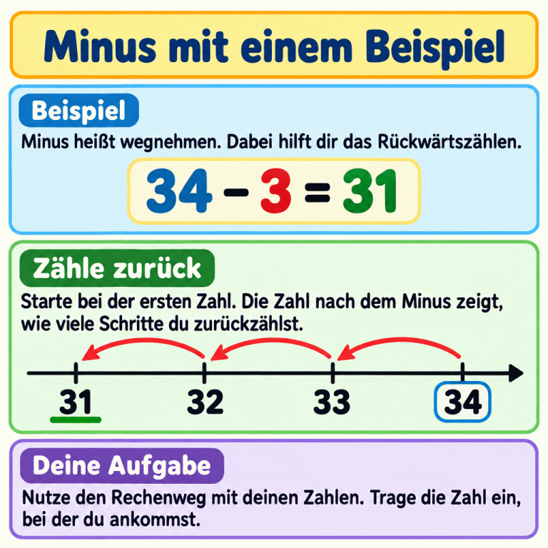 Ein Beispiel zeigt: 34 minus 3 ist 31. Auf einem Zahlenstrahl führen drei Schritte zurück: von 34 zu 33, weiter zu 32 und dann zu 31. Für deine Aufgabe beginnst du bei deiner ersten Zahl und zählst so viele Schritte zurück, wie die Zahl nach dem Minus angibt. Die Zahl, bei der du ankommst, ist dein Ergebnis. Minus mit einem Beispiel Beispiel: Minus heißt wegnehmen. Dabei hilft dir das Rückwärtszählen. Zähle zurück: Starte bei der ersten Zahl. Die Zahl nach dem Minus zeigt, wie viele Schritte du zurückzählst. Deine Aufgabe: Nutze den Rechenweg mit deinen Zahlen. Trage die Zahl ein, bei der du ankommst. 34 − 3 = 31 31 32 33 34