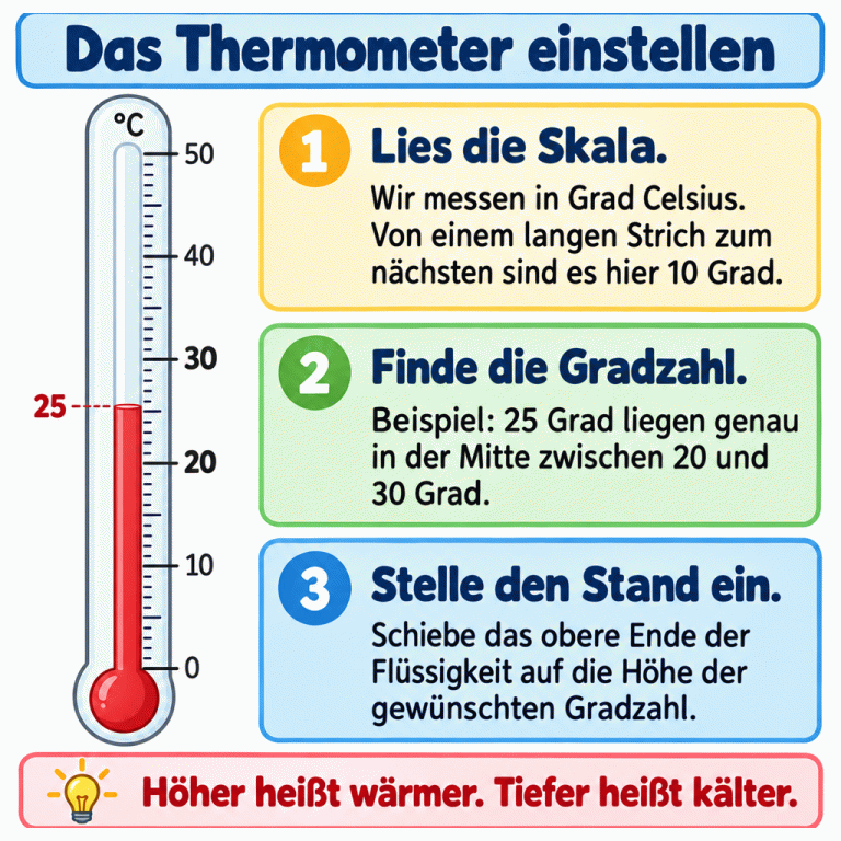 Eine Erklärung zum Einstellen eines Thermometers. Die Beispielskala reicht von 0 bis 50 Grad Celsius und ist in gleichmäßige Schritte eingeteilt. Die Flüssigkeit endet bei 25 Grad, genau in der Mitte zwischen 20 und 30. Zum Einstellen suchst du die gewünschte Gradzahl und schiebst das obere Ende der Flüssigkeit auf diese Höhe. Ein höherer Stand bedeutet wärmer, ein tieferer kälter. Das Thermometer einstellen Lies die Skala.: Wir messen in Grad Celsius. Von einem langen Strich zum nächsten sind es hier 10 Grad. Finde die Gradzahl.: Beispiel: 25 Grad liegen genau in der Mitte zwischen 20 und 30 Grad. Stelle den Stand ein.: Schiebe das obere Ende der Flüssigkeit auf die Höhe der gewünschten Gradzahl. Höher heißt wärmer. Tiefer heißt kälter. 10 20 30 40 50 25 °C 1 2 3