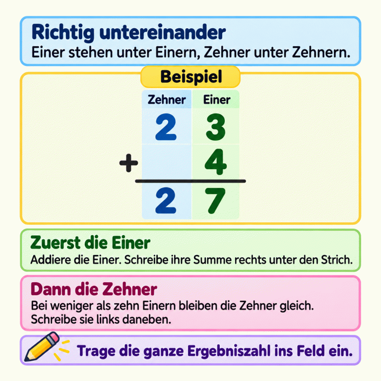 Ein Beispiel zeigt die schriftliche Addition von 23 und 4. Die Zehner stehen links, die Einer rechts. Die 4 steht unter der 3. Unter dem Rechenstrich steht 27. Zuerst werden die Einer addiert. Weil ihre Summe kleiner als zehn ist, bleiben die Zehner gleich. Zum Schluss wird die ganze Ergebniszahl ins Feld eingetragen. Richtig untereinander: Einer stehen unter Einern, Zehner unter Zehnern. Zuerst die Einer: Addiere die Einer. Schreibe ihre Summe rechts unter den Strich. Dann die Zehner: Bei weniger als zehn Einern bleiben die Zehner gleich. Schreibe sie links daneben. Trage die ganze Ergebniszahl ins Feld ein. Beispiel Zehner Einer 2 3 4 + 7