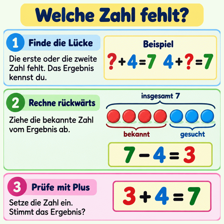 Welche Zahl fehlt? Beim Beispiel Fragezeichen plus vier gleich sieben oder vier plus Fragezeichen gleich sieben fehlt jeweils ein Summand. Sieben Plättchen zeigen das Ganze: Vier gehören zum bekannten Teil, drei zum gesuchten Teil. Rechne sieben minus vier gleich drei. Die Probe drei plus vier gleich sieben bestätigt die Lösung. Welche Zahl fehlt? Finde die Lücke: Die erste oder die zweite Zahl fehlt. Das Ergebnis kennst du. Rechne rückwärts: Ziehe die bekannte Zahl vom Ergebnis ab. Prüfe mit Plus: Setze die Zahl ein. Stimmt das Ergebnis? Beispiel ? + 4 = 7 4 + ? = 7 insgesamt 7 bekannt gesucht 7 − 4 = 3 3 + 4 = 7 1 2 3