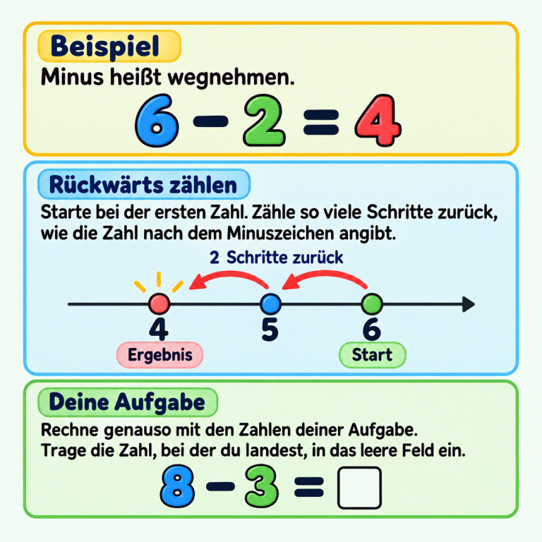 Ein Lehrbeispiel erklärt Minusrechnen: 6 minus 2 ist 4. Auf einem Zahlenstrahl beginnt der Weg bei 6. Zwei Pfeile führen rückwärts, zuerst zu 5 und dann zu 4. Die 4 ist das Ergebnis. Für die eigene Aufgabe startet man bei der ersten Zahl, zählt so viele Schritte zurück, wie die Zahl nach dem Minuszeichen angibt, und trägt die erreichte Zahl in das leere Feld ein. Beispiel: Minus heißt wegnehmen. Rückwärts zählen: Starte bei der ersten Zahl. Zähle so viele Schritte zurück, wie die Zahl nach dem Minuszeichen angibt. Deine Aufgabe: Rechne genauso mit den Zahlen deiner Aufgabe. Trage die Zahl, bei der du landest, in das leere Feld ein. 6 − 2 = 4 4 5 6 Start Ergebnis 2 Schritte zurück 8 − 3 =