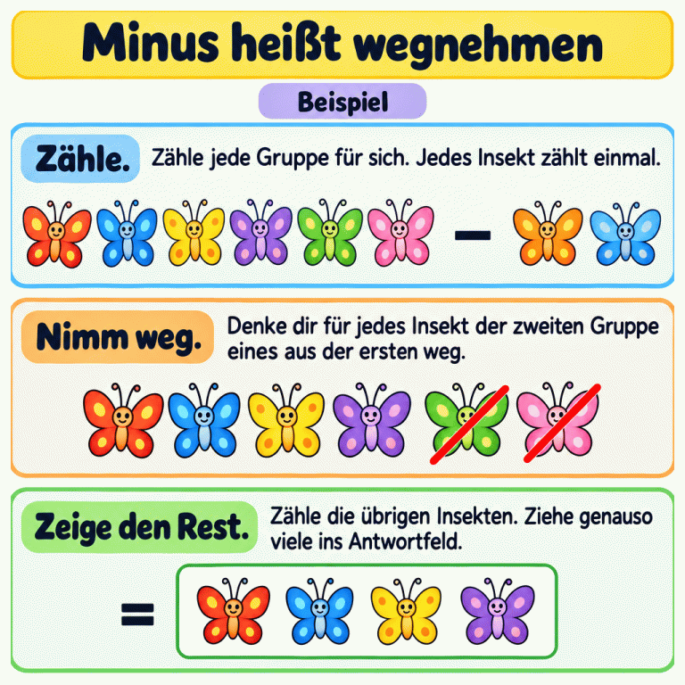Minus heißt wegnehmen. Ein Beispiel zeigt sechs Insekten minus zwei. Zähle beide Gruppen einzeln. Im nächsten Bild sind zwei der sechs Insekten durchgestrichen: Sie werden weggenommen. Vier bleiben übrig. Das Antwortfeld enthält deshalb vier Insekten. Bei jeder Aufgabe ziehst du genau so viele Insekten ins Antwortfeld, wie übrig bleiben. Minus heißt wegnehmen Zähle.: Zähle jede Gruppe für sich. Jedes Insekt zählt einmal. Nimm weg.: Denke dir für jedes Insekt der zweiten Gruppe eines aus der ersten weg. Zeige den Rest.: Zähle die übrigen Insekten. Ziehe genauso viele ins Antwortfeld. Beispiel − =