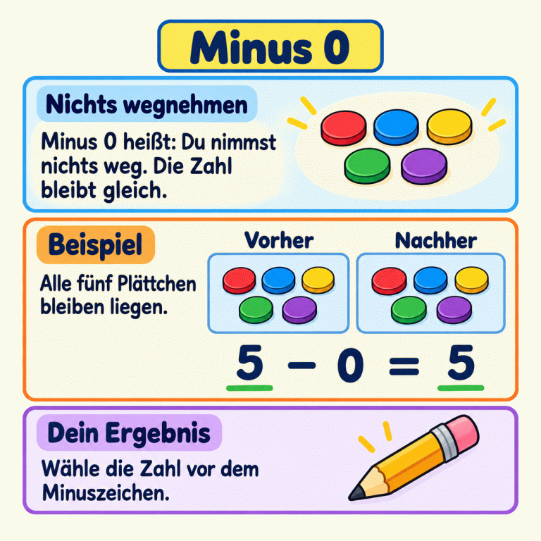 Minus 0 heißt: Du nimmst nichts weg. Im Beispiel sind vorher fünf Plättchen zu sehen und nachher ebenfalls fünf. Die Rechnung lautet: 5 minus 0 gleich 5. Die Zahl bleibt gleich. Wähle deshalb die Zahl vor dem Minuszeichen als Ergebnis. Minus 0 Nichts wegnehmen: Minus 0 heißt: Du nimmst nichts weg. Die Zahl bleibt gleich. Beispiel: Alle fünf Plättchen bleiben liegen. Dein Ergebnis: Wähle die Zahl vor dem Minuszeichen. Vorher Nachher 5 − =