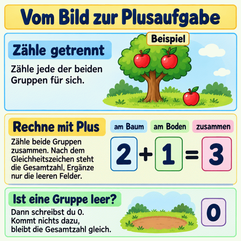 Vom Bild zur Plusaufgabe: Zähle die beiden Gruppen einzeln und dann alle Früchte zusammen. Ein Lehrbeispiel zeigt zwei Äpfel am Baum und einen am Boden. Dazu gehört die Gleichung 2 + 1 = 3. Ergänze in der Aufgabe nur die leeren Felder. Eine separate leere Bodenfläche zeigt: In dieser Gruppe sind 0 Früchte. Kommt nichts dazu, bleibt die Gesamtzahl gleich. Vom Bild zur Plusaufgabe Zähle getrennt: Zähle jede der beiden Gruppen für sich. Rechne mit Plus: Zähle beide Gruppen zusammen. Nach dem Gleichheitszeichen steht die Gesamtzahl. Ergänze nur die leeren Felder. Ist eine Gruppe leer?: Dann schreibst du 0. Kommt nichts dazu, bleibt die Gesamtzahl gleich. Beispiel am Baum am Boden zusammen 2 + 1 = 3