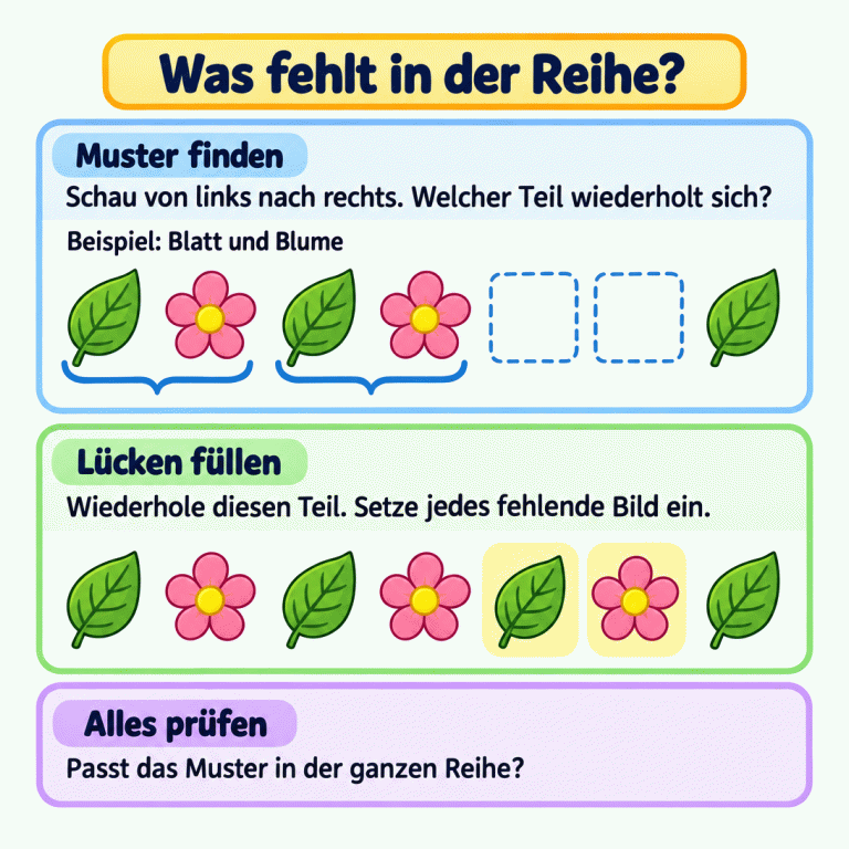 Eine Beispielreihe zeigt Blatt, Blume, Blatt, Blume, zwei leere Plätze und ein Blatt. Klammern zeigen den wiederholten Teil Blatt–Blume. Darunter ist dieselbe Reihe ergänzt: In den beiden Lücken stehen ein Blatt und eine Blume. Die Anleitung erklärt: das Muster von links nach rechts finden, jedes fehlende Bild einsetzen und die ganze Reihe prüfen. Was fehlt in der Reihe? Muster finden: Schau von links nach rechts. Welcher Teil wiederholt sich? Lücken füllen: Wiederhole diesen Teil. Setze jedes fehlende Bild ein. Alles prüfen: Passt das Muster in der ganzen Reihe? Beispiel: Blatt und Blume