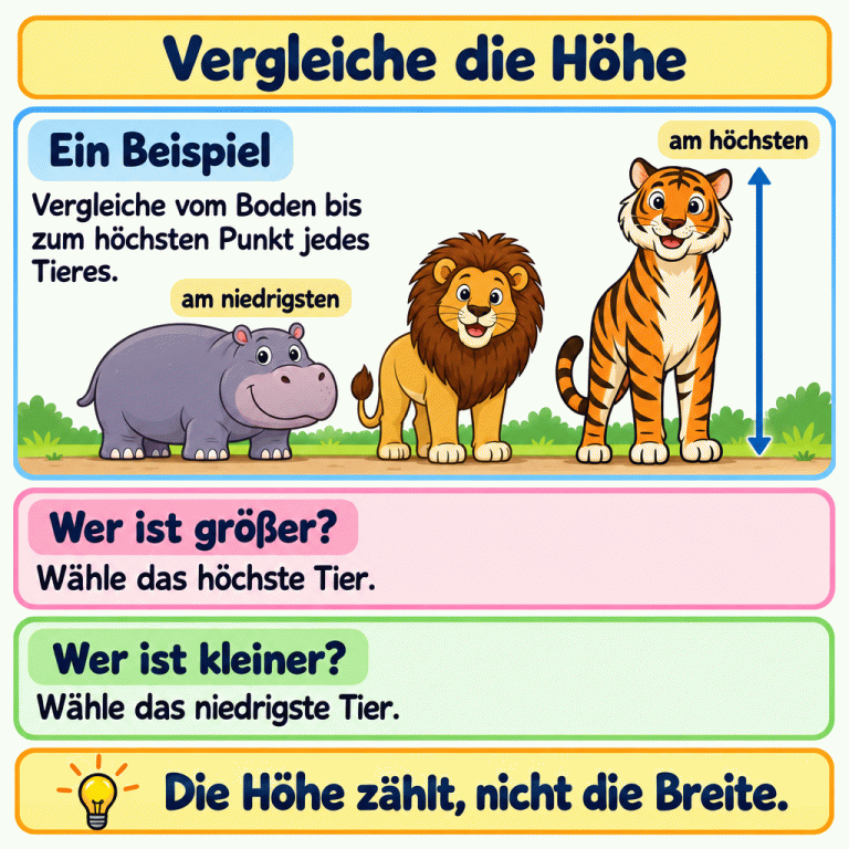 Ein Beispiel zeigt drei Tiere auf gemeinsamem Boden: ein niedriges, breites Nilpferd, einen mittelhohen Löwen und einen hohen, schlankeren Tiger. Verglichen wird vom Boden bis zum höchsten Körperpunkt. Bei „Wer ist größer?“ wählt man das höchste Tier, bei „Wer ist kleiner?“ das niedrigste. Die Höhe zählt, nicht die Breite. Vergleiche die Höhe Ein Beispiel: Vergleiche vom Boden bis zum höchsten Punkt jedes Tieres. Wer ist größer?: Wähle das höchste Tier. Wer ist kleiner?: Wähle das niedrigste Tier. Die Höhe zählt, nicht die Breite. am höchsten am niedrigsten