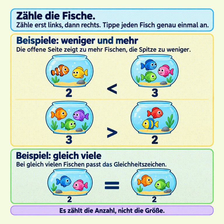Zähle zuerst die Fische links und dann rechts. Jeder Fisch wird genau einmal gezählt. Drei Lehrbeispiele zeigen: zwei Fische sind weniger als drei, drei sind mehr als zwei und zwei sind gleich viele wie zwei. Die offene Seite des Vergleichszeichens zeigt zu mehr Fischen, die Spitze zu weniger. Bei gleich vielen Fischen steht das Gleichheitszeichen. Entscheidend ist die Anzahl, nicht die Größe der Fische. Zähle die Fische.: Zähle erst links, dann rechts. Tippe jeden Fisch genau einmal an. Beispiele: weniger und mehr: Die offene Seite zeigt zu mehr Fischen, die Spitze zu weniger. Beispiel: gleich viele: Bei gleich vielen Fischen passt das Gleichheitszeichen. Es zählt die Anzahl, nicht die Größe. 2 3 < > =