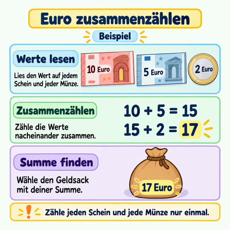 Ein Beispiel zeigt einen 10-Euro-Schein, einen 5-Euro-Schein und eine 2-Euro-Münze. Zuerst werden die Werte gelesen. Dann wird gerechnet: 10 plus 5 ist 15, und 15 plus 2 ist 17. Dazu passt der Geldsack mit 17 Euro. Jeder Schein und jede Münze wird nur einmal mitgezählt. Euro zusammenzählen Werte lesen: Lies den Wert auf jedem Schein und jeder Münze. Zusammenzählen: Zähle die Werte nacheinander zusammen. Summe finden: Wähle den Geldsack mit deiner Summe. Zähle jeden Schein und jede Münze nur einmal. Beispiel 10 Euro 5 Euro 2 Euro 10 + 5 = 15 15 + 2 = 17 17 Euro !