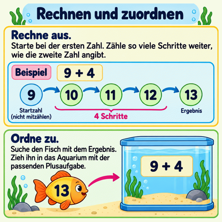Rechnen und zuordnen: Starte bei der ersten Zahl und zähle so viele Schritte weiter, wie die zweite Zahl angibt. Das Beispiel 9 + 4 zeigt vier Schritte: von 9 über 10, 11 und 12 bis 13. Die 9 ist nur die Startzahl. Danach wird der Fisch mit der Zahl 13 dem Aquarium mit der Aufgabe 9 + 4 zugeordnet. Rechnen und zuordnen Rechne aus.: Starte bei der ersten Zahl. Zähle so viele Schritte weiter, wie die zweite Zahl angibt. Ordne zu.: Suche den Fisch mit dem Ergebnis. Zieh ihn in das Aquarium mit der passenden Plusaufgabe. Beispiel 9 + 4 9 10 11 12 13 Startzahl (nicht mitzählen) Ergebnis 4 Schritte