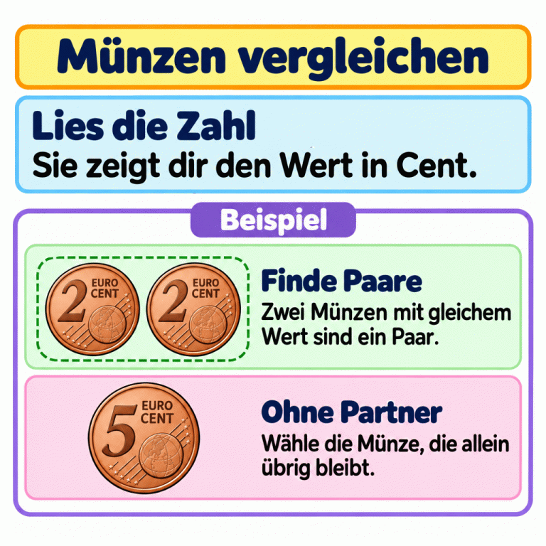 Münzen vergleichen: Lies die Zahl, denn sie zeigt den Wert in Cent. Im Beispiel bilden zwei 2-Cent-Münzen ein Paar. Eine 5-Cent-Münze bleibt ohne Partner. Gesucht ist immer die Münze, zu der es keine zweite mit gleichem Wert gibt. Münzen vergleichen Lies die Zahl: Sie zeigt dir den Wert in Cent. Finde Paare: Zwei Münzen mit gleichem Wert sind ein Paar. Ohne Partner: Wähle die Münze, die allein übrig bleibt. Beispiel 2 5 EURO CENT
