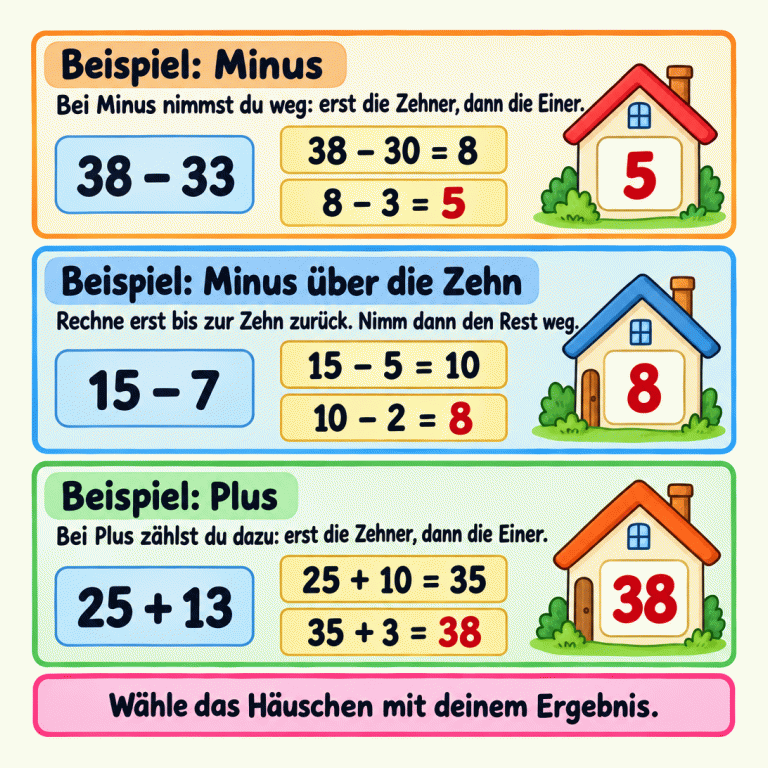 Drei Beispiele zeigen, wie du in Schritten rechnest und das passende Häuschen findest. Bei 38 minus 33 nimmst du erst 30 und dann 3 weg. Das ergibt 5. Bei 15 minus 7 rechnest du erst 15 minus 5 gleich 10, dann 10 minus 2 gleich 8. Bei 25 plus 13 zählst du erst 10 und dann 3 dazu. Das ergibt 38. Jedes Häuschen trägt die Ergebniszahl seines Beispiels. Beispiel: Minus: Bei Minus nimmst du weg: erst die Zehner, dann die Einer. Beispiel: Minus über die Zehn: Rechne erst bis zur Zehn zurück. Nimm dann den Rest weg. Beispiel: Plus: Bei Plus zählst du dazu: erst die Zehner, dann die Einer. Wähle das Häuschen mit deinem Ergebnis. 38 − 33 38 − 30 = 8 8 − 3 = 5 5 15 − 7 15 − 5 = 10 10 − 2 = 8 8 25 + 13 25 + 10 = 35 35 + 3 = 38 38