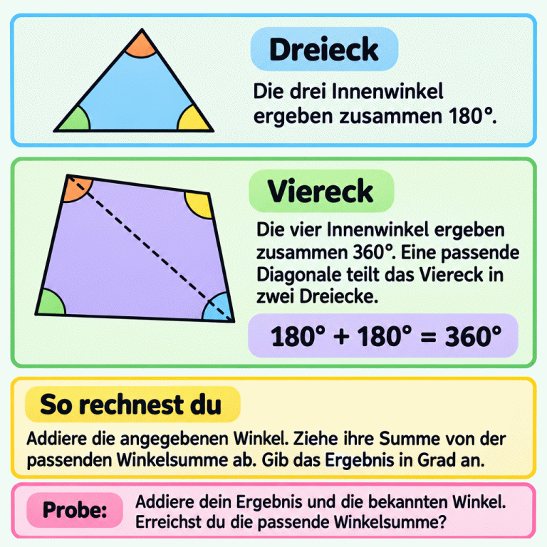 Die Infografik erklärt die Winkelsummen: Im Dreieck ergeben die drei Innenwinkel zusammen 180°, im Viereck die vier Innenwinkel zusammen 360°. Eine Diagonale zerlegt das Viereck in zwei Dreiecke: 180° + 180° = 360°. Für den fehlenden Winkel addierst du die angegebenen Winkel und ziehst ihre Summe von der passenden Winkelsumme ab. Gib das Ergebnis in Grad an. Zur Probe addierst du dein Ergebnis und die bekannten Winkel. Dreieck: Die drei Innenwinkel ergeben zusammen 180°. Viereck: Die vier Innenwinkel ergeben zusammen 360°. Eine passende Diagonale teilt das Viereck in zwei Dreiecke. So rechnest du: Addiere die angegebenen Winkel. Ziehe ihre Summe von der passenden Winkelsumme ab. Gib das Ergebnis in Grad an. Probe: Addiere dein Ergebnis und die bekannten Winkel. Erreichst du die passende Winkelsumme? 180° + 180° = 360°