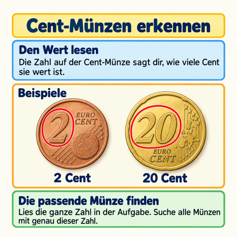 Cent-Münzen erkennen: Die Zahl auf einer Cent-Münze zeigt ihren Wert. Zwei Beispiele zeigen eine Münze mit der Zahl 2 für 2 Cent und eine Münze mit der vollständigen Zahl 20 für 20 Cent. Vergleiche die ganze Zahl in der Aufgabe mit der Zahl auf den Münzen und suche alle passenden Münzen. Cent-Münzen erkennen Den Wert lesen: Die Zahl auf der Cent-Münze sagt dir, wie viele Cent sie wert ist. Die passende Münze finden: Lies die ganze Zahl in der Aufgabe. Suche alle Münzen mit genau dieser Zahl. Beispiele 2 20 EURO CENT 2 Cent 20 Cent