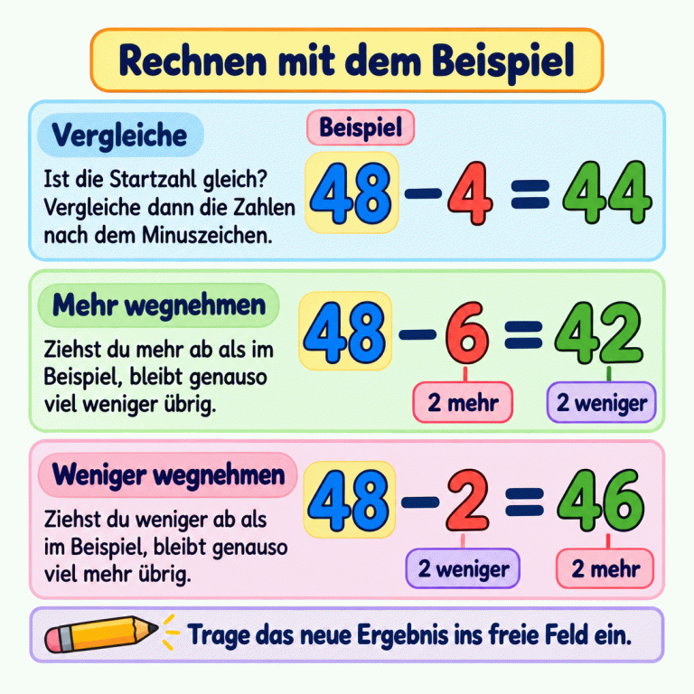 Drei Minusaufgaben zeigen das Rechnen mit einem Beispiel. Die Startzahl bleibt gleich. Das Beispiel lautet: 48 minus 4 gleich 44. Bei 48 minus 6 gleich 42 wird 2 mehr abgezogen, also bleiben 2 weniger übrig. Bei 48 minus 2 gleich 46 wird gegenüber dem Beispiel 2 weniger abgezogen, also bleiben 2 mehr übrig. Rechnen mit dem Beispiel Vergleiche: Ist die Startzahl gleich? Vergleiche dann die Zahlen nach dem Minuszeichen. Mehr wegnehmen: Ziehst du mehr ab als im Beispiel, bleibt genauso viel weniger übrig. Weniger wegnehmen: Ziehst du weniger ab als im Beispiel, bleibt genauso viel mehr übrig. Trage das neue Ergebnis ins freie Feld ein. Beispiel 48 − 4 = 44 48 − 6 = 42 48 − 2 = 46 2 mehr 2 weniger