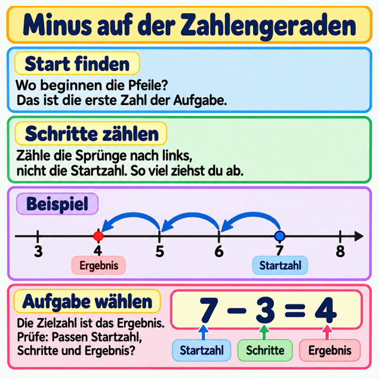 Beispiel zum Minusrechnen: Eine Zahlengerade zeigt die Zahlen von 3 bis 8. Drei Pfeile führen von 7 über 6 und 5 nach links zur 4. Die passende Aufgabe lautet 7 minus 3 gleich 4. Die 7 ist die Startzahl, die 3 zählt die Schritte und die 4 ist das Ergebnis. Zähle die Sprünge, nicht die Startzahl. Prüfe beim Auswählen alle drei Angaben. Minus auf der Zahlengeraden Start finden: Wo beginnen die Pfeile? Das ist die erste Zahl der Aufgabe. Schritte zählen: Zähle die Sprünge nach links, nicht die Startzahl. So viel ziehst du ab. Aufgabe wählen: Die Zielzahl ist das Ergebnis. Prüfe: Passen Startzahl, Schritte und Ergebnis? Beispiel 3 4 5 6 7 8 7 − 3 = 4 Startzahl Schritte Ergebnis