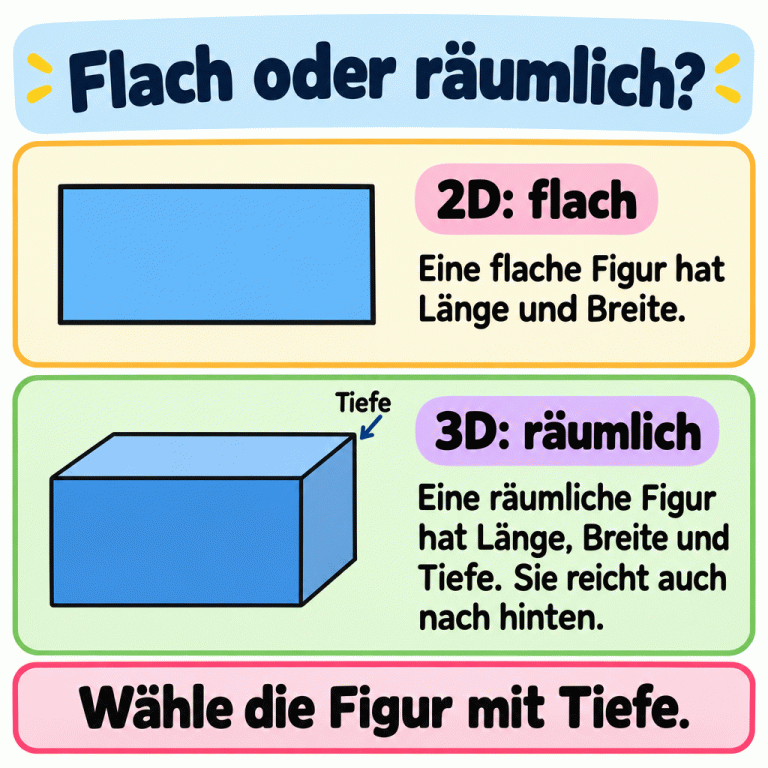 Flach oder räumlich? Ein flaches Rechteck zeigt eine 2D-Figur mit Länge und Breite. Darunter zeigt ein Quader eine 3D-Figur mit Länge, Breite und Tiefe. Das Wort „Tiefe“ steht an einer Kante, die nach hinten verläuft. Wähle die Figur mit Tiefe. Flach oder räumlich? 2D: flach: Eine flache Figur hat Länge und Breite. 3D: räumlich: Eine räumliche Figur hat Länge, Breite und Tiefe. Sie reicht auch nach hinten. Wähle die Figur mit Tiefe. Tiefe