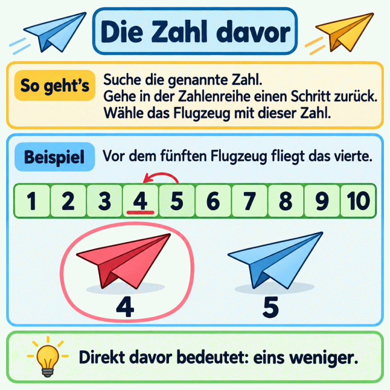 Die Karte erklärt: Suche die genannte Zahl, gehe in der Zahlenreihe einen Schritt zurück und wähle das Flugzeug mit dieser Zahl. Im Beispiel zeigt ein Zahlenband von eins bis zehn einen Rückschritt von fünf zu vier. Darunter stehen zwei Papierflieger mit den Nummern vier und fünf. Der Flieger mit der vier ist hervorgehoben: Vor dem fünften Flugzeug fliegt das vierte. Direkt davor bedeutet eins weniger. Die Zahl davor So geht’s: Suche die genannte Zahl. Gehe in der Zahlenreihe einen Schritt zurück. Wähle das Flugzeug mit dieser Zahl. Beispiel: Vor dem fünften Flugzeug fliegt das vierte. Direkt davor bedeutet: eins weniger. 1 2 3 4 5 6 7 8 9 10