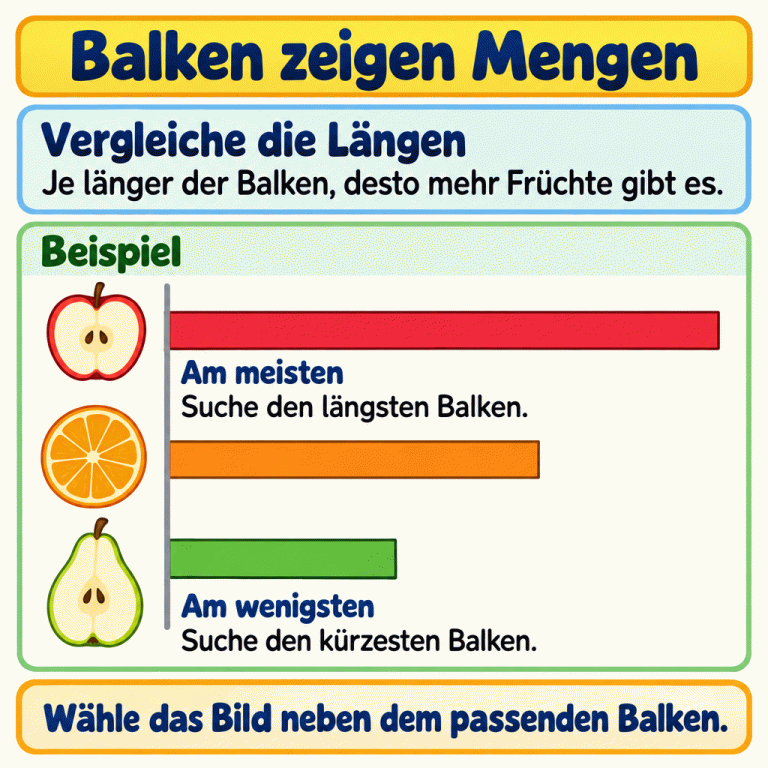 Balken zeigen Mengen. Je länger der Balken, desto mehr Früchte gibt es. Ein Beispiel zeigt drei waagerechte Balken mit gemeinsamem Start: Der Apfelbalken ist am längsten, der Orangenbalken mittellang und der Birnenbalken am kürzesten. Für „am meisten“ suchst du den längsten Balken, für „am wenigsten“ den kürzesten. Wähle das Bild neben dem passenden Balken. Balken zeigen Mengen Vergleiche die Längen: Je länger der Balken, desto mehr Früchte gibt es. Am meisten: Suche den längsten Balken. Am wenigsten: Suche den kürzesten Balken. Wähle das Bild neben dem passenden Balken. Beispiel