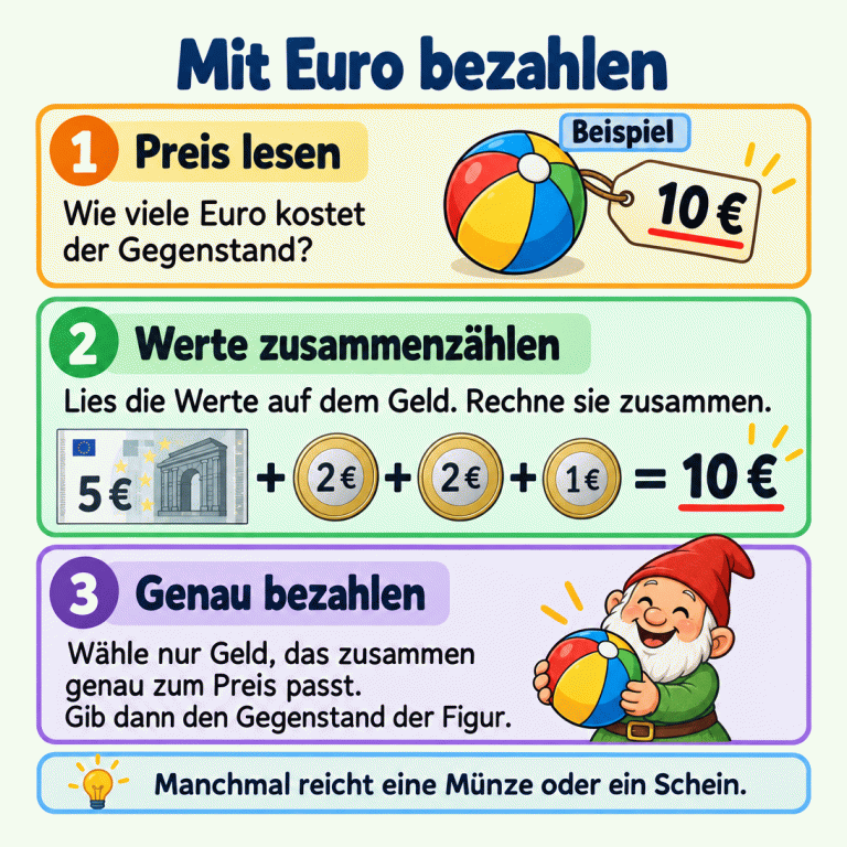 So bezahlst du genau mit Euro: Lies den Preis und rechne die Werte des Geldes zusammen. Im Beispiel kostet ein Ball 10 Euro. Ein 5-Euro-Schein, zwei 2-Euro-Münzen und eine 1-Euro-Münze ergeben zusammen 10 Euro. Der Betrag passt genau zum Preis. Danach bekommt die Figur den Ball. Manchmal reicht auch eine einzelne Münze oder ein einzelner Schein. Mit Euro bezahlen Preis lesen: Wie viele Euro kostet der Gegenstand? Werte zusammenzählen: Lies die Werte auf dem Geld. Rechne sie zusammen. Genau bezahlen: Wähle nur Geld, das zusammen genau zum Preis passt. Gib dann den Gegenstand der Figur. Manchmal reicht eine Münze oder ein Schein. Beispiel 10 € 5 € 2 € 1 € + = 1 2 3