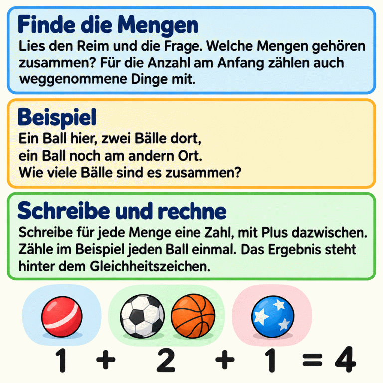 Die Karte erklärt: Lies den Reim und die Frage und finde die passenden Mengen. Wird nach der Anzahl am Anfang gefragt, können auch weggenommene Dinge dazugehören. Im Beispiel liegen ein Ball, zwei Bälle und noch ein Ball an verschiedenen Orten. Jede Menge erhält eine Zahl. Die Rechnung lautet: 1 plus 2 plus 1 gleich 4. Jeder Ball wird genau einmal mitgezählt. Finde die Mengen: Lies den Reim und die Frage. Welche Mengen gehören zusammen? Für die Anzahl am Anfang zählen auch weggenommene Dinge mit. Beispiel: Ein Ball hier, zwei Bälle dort,
ein Ball noch am andern Ort.
Wie viele Bälle sind es zusammen? Schreibe und rechne: Schreibe für jede Menge eine Zahl, mit Plus dazwischen. Zähle im Beispiel jeden Ball einmal. Das Ergebnis steht hinter dem Gleichheitszeichen. 1 2 + = 4
